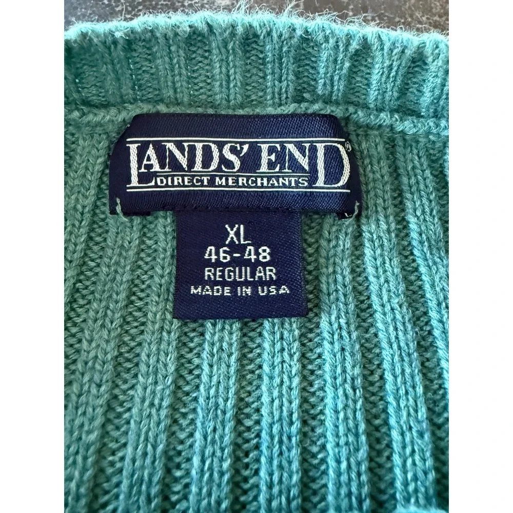Lands End Ribbed Cotton Sweater Teal‎ Green Mens XL 46-48 Regular Raglan Sleeve